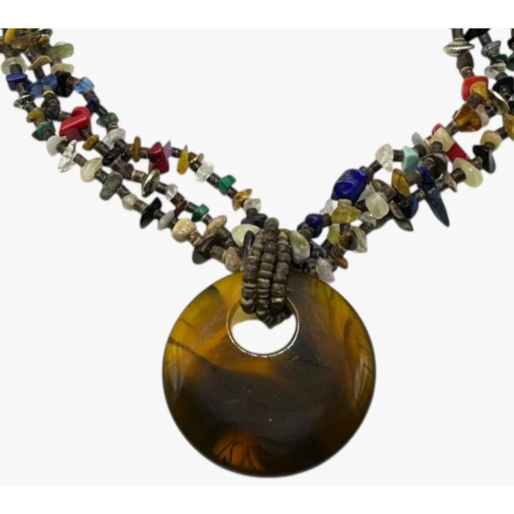 Boho Multi Gemstone Necklace Chunky Resin Pendant Layered Nugget Statement